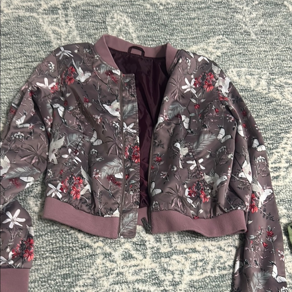 Aeropostale Purple and Red Bomber Jacket with Floral Design